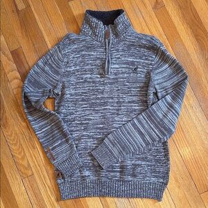 KANGOL 1/4 Zip Sweater Heather Gray Leather Patches Sherpa Collar Coastal Cozy